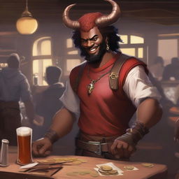 A handsome red-skinned man with horns, one of which is broken, smiling in a lively tavern