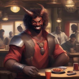 A handsome red-skinned man with horns, one of which is broken, smiling in a lively tavern