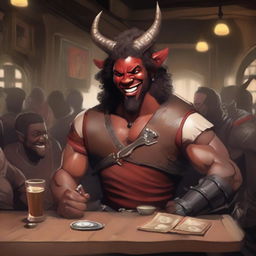 A handsome red-skinned man with horns, one of which is broken, smiling in a lively tavern