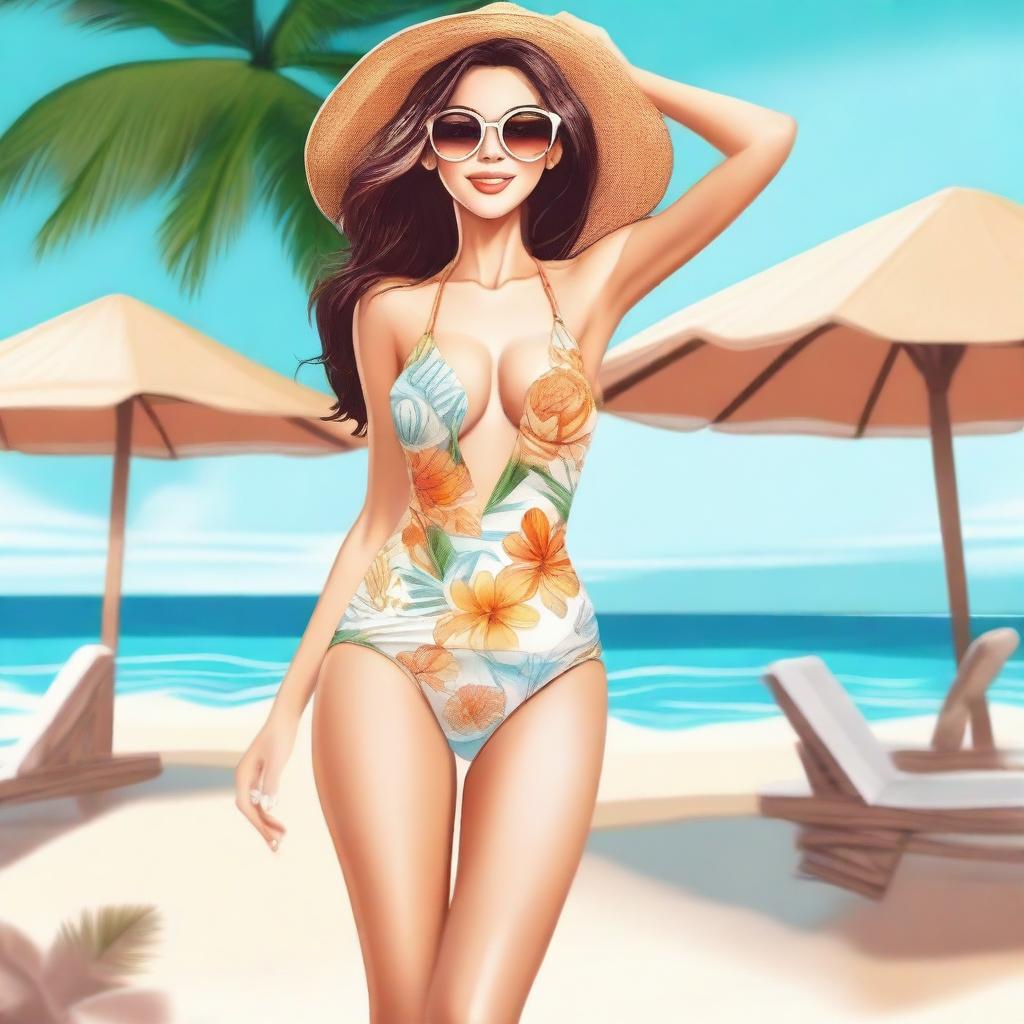 Create an image featuring a character in a dress and a bikini