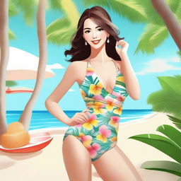 Create an image featuring a character in a dress and a bikini