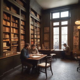 A cozy vintage café with dark wooden tables and upholstered chairs