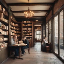 A cozy vintage café with dark wooden tables and upholstered chairs