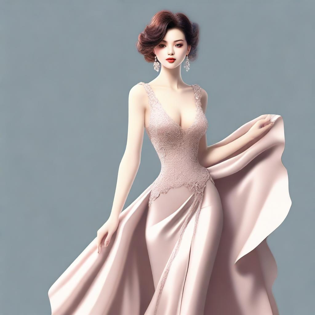 A character changing into a stylish dress, depicted in a sensual and alluring manner