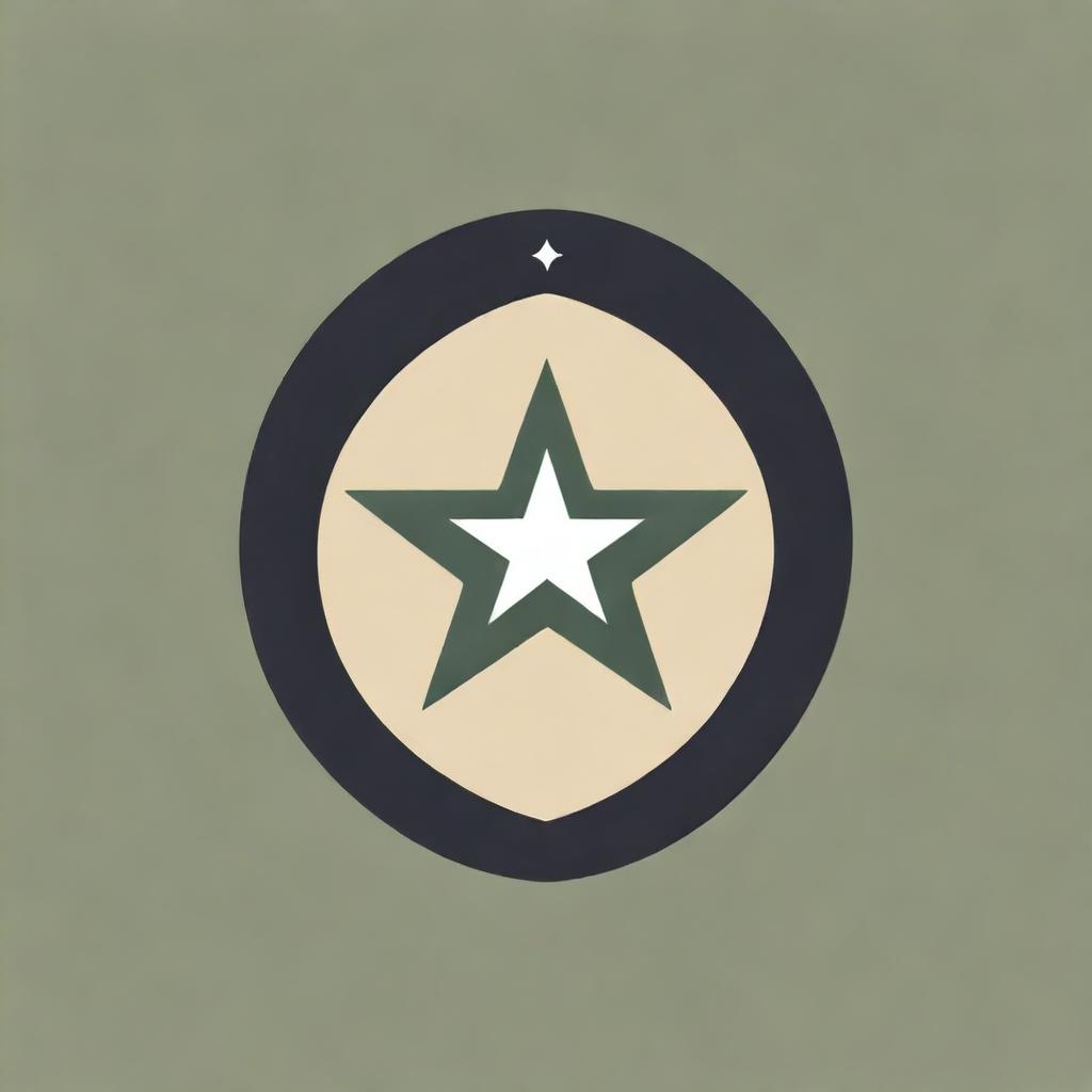 A military-inspired batch logo with sharp lines, khaki green and black colors, incorporating badges, stars, and military insignia.