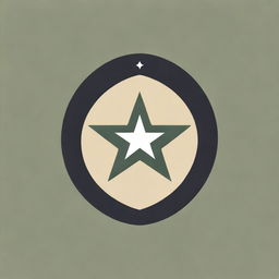 A military-inspired batch logo with sharp lines, khaki green and black colors, incorporating badges, stars, and military insignia.