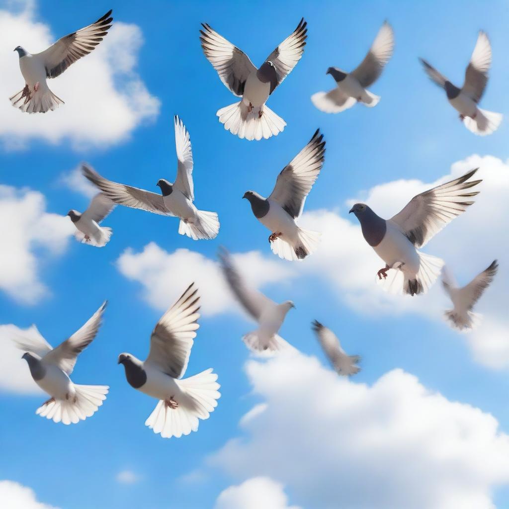 A flock of pigeons flying in the sky, with various shades of grey and white feathers