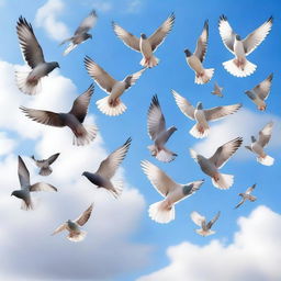 A flock of pigeons flying in the sky, with various shades of grey and white feathers