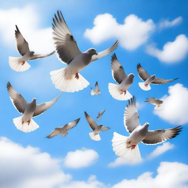 A flock of pigeons flying in the sky, with various shades of grey and white feathers