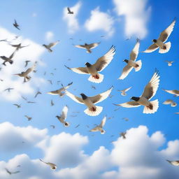 A flock of pigeons flying in the sky, with various shades of grey and white feathers