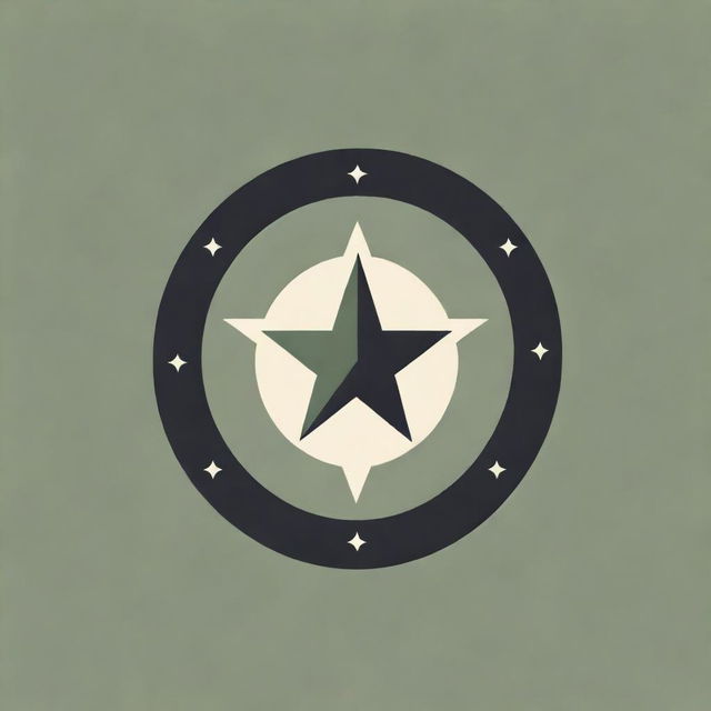 A military-inspired batch logo with sharp lines, khaki green and black colors, incorporating badges, stars, and military insignia.