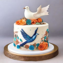 A beautifully decorated cake featuring a detailed drawing of a dove and some seeds