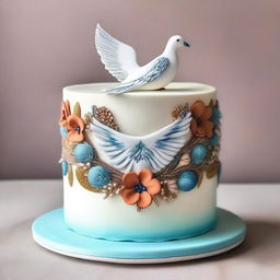 A beautifully decorated cake featuring a detailed drawing of a dove and some seeds