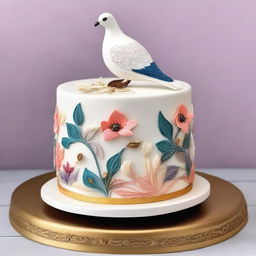 A beautifully decorated cake featuring a detailed drawing of a dove and some seeds