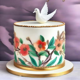 A beautifully decorated cake featuring a detailed drawing of a dove and some seeds