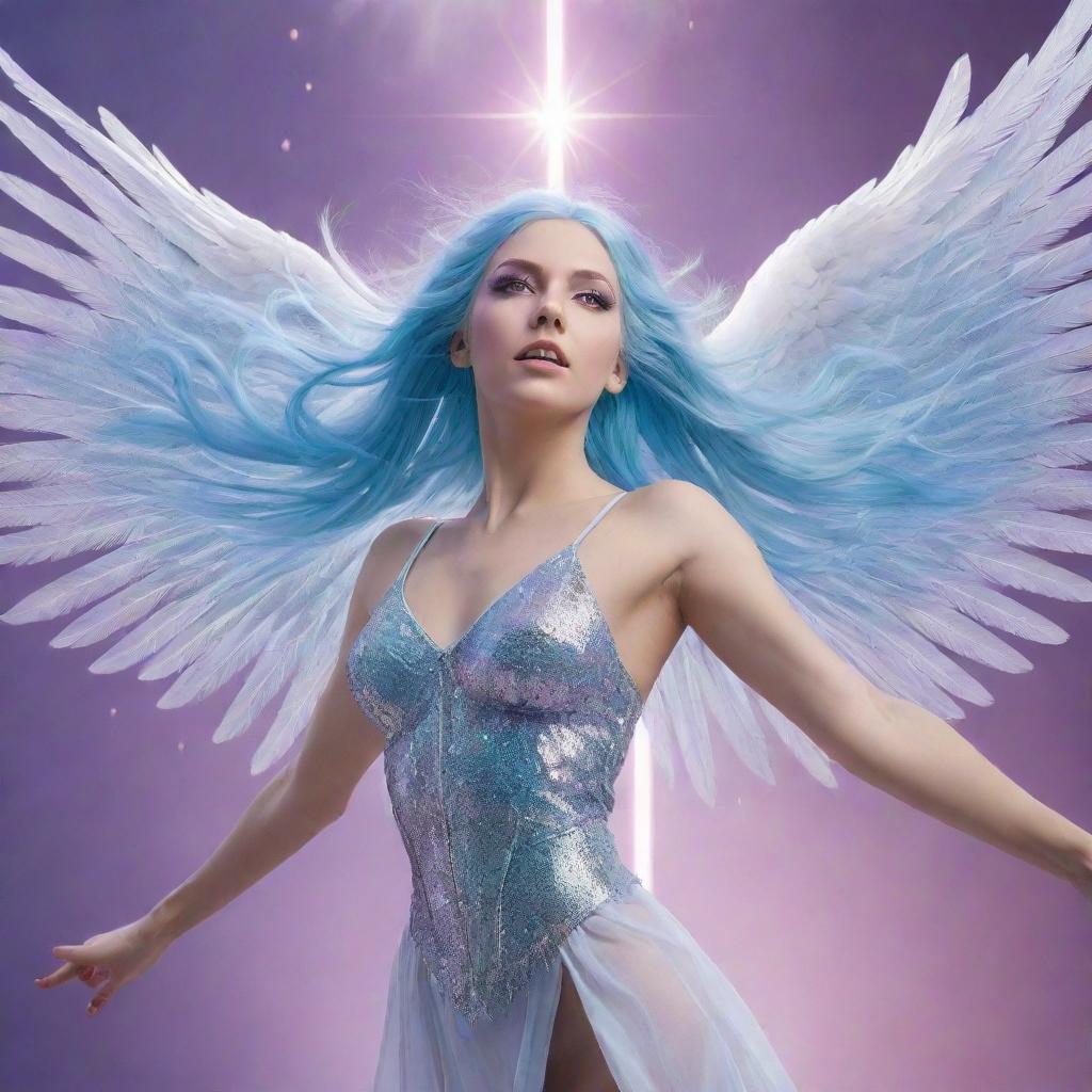 A celestial female angel, with brilliant light-blue hair and captivating purple eyes, majestically falling from the sky. Surrounding her are an array of gleaming spears poised in mid-air.