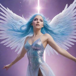 A celestial female angel, with brilliant light-blue hair and captivating purple eyes, majestically falling from the sky. Surrounding her are an array of gleaming spears poised in mid-air.