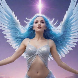 A celestial female angel, with brilliant light-blue hair and captivating purple eyes, majestically falling from the sky. Surrounding her are an array of gleaming spears poised in mid-air.