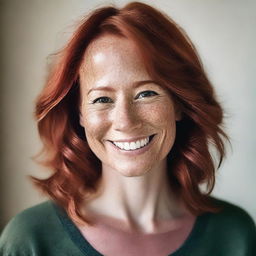 A detailed portrait of a 40-year-old woman with red hair