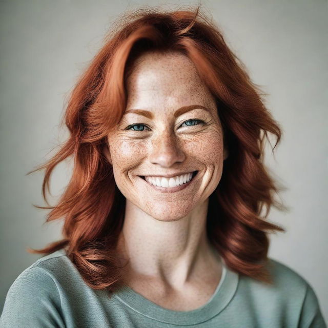 A detailed portrait of a 40-year-old woman with red hair