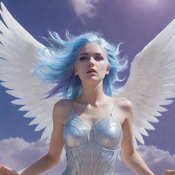 A celestial female angel, with brilliant light-blue hair and captivating purple eyes, majestically falling from the sky. Surrounding her are an array of gleaming spears poised in mid-air.