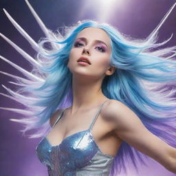 A celestial female angel, with brilliant light-blue hair and captivating purple eyes, majestically falling from the sky. Surrounding her are an array of gleaming spears poised in mid-air.