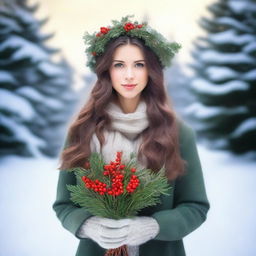 A beautiful woman with long hair standing gracefully, now dressed in a cozy winter outfit