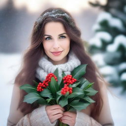 A beautiful woman with long hair standing gracefully, now dressed in a cozy winter outfit