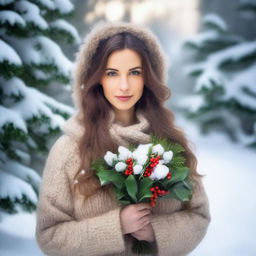 A beautiful woman with long hair standing gracefully, now dressed in a cozy winter outfit