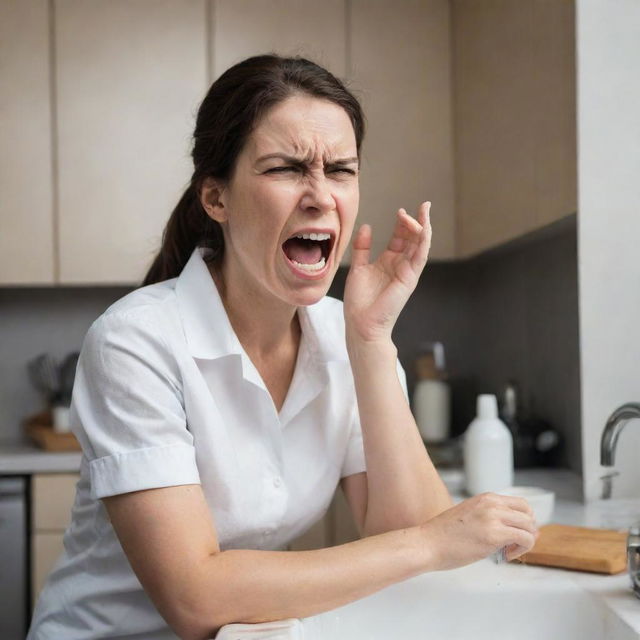 A scenario highlighting the maximum level of uncontrollable anger, the woman washing dishes, her facial expressions intense and animated, her body language hostile and aggressive