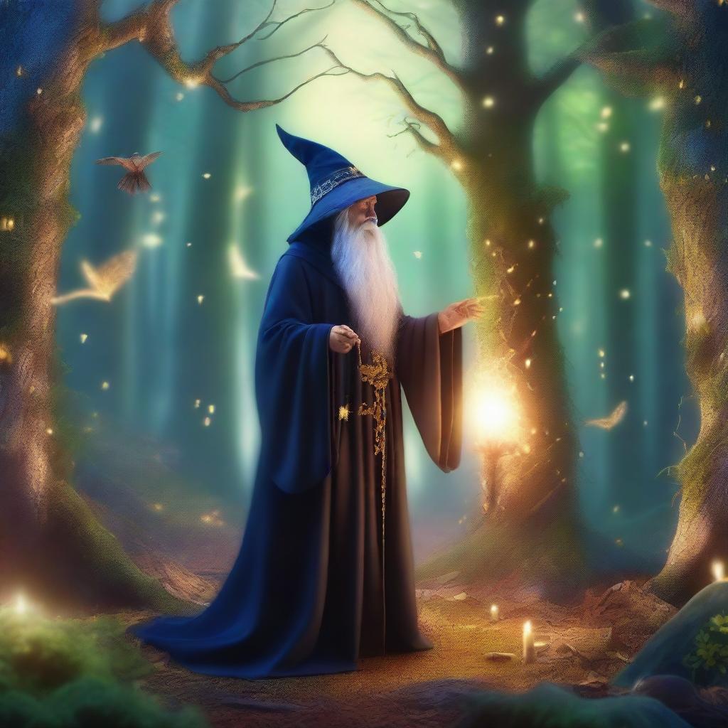 A mystical scene with a wizard casting a spell in an enchanted forest