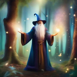 A mystical scene with a wizard casting a spell in an enchanted forest