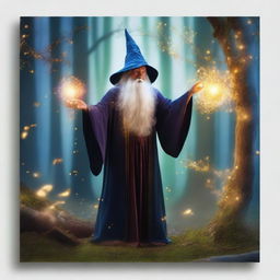 A mystical scene with a wizard casting a spell in an enchanted forest