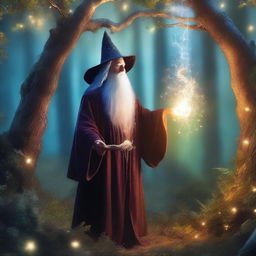 A mystical scene with a wizard casting a spell in an enchanted forest