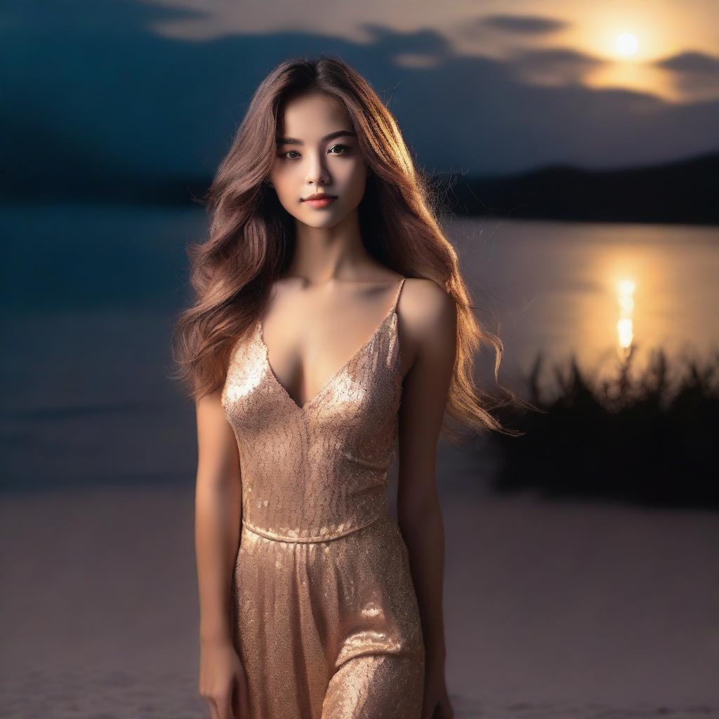 Create a full-body picture of a girl posing in a night setting