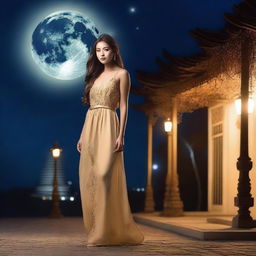 Create a full-body picture of a girl posing in a night setting