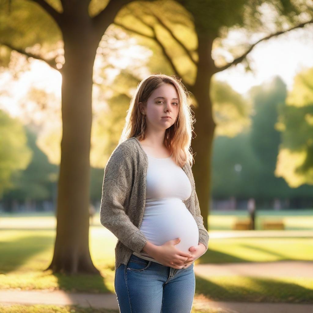 A teenage girl who is visibly pregnant, wearing casual clothes, standing in a park