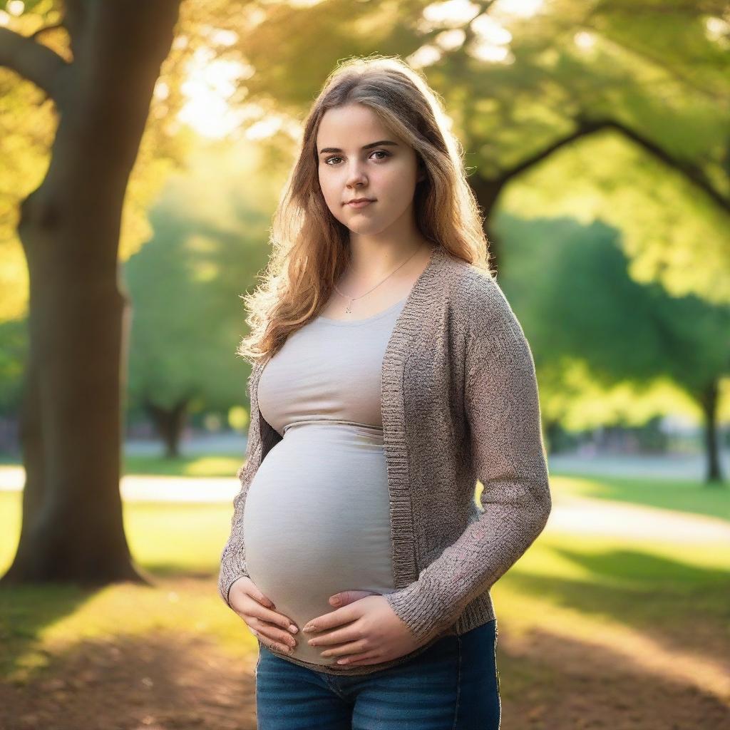 A teenage girl who is visibly pregnant, wearing casual clothes, standing in a park