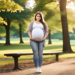 A teenage girl who is visibly pregnant, wearing casual clothes, standing in a park