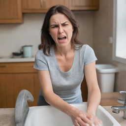 A scenario highlighting the maximum level of uncontrollable anger, the woman washing dishes, her facial expressions intense and animated, her body language hostile and aggressive