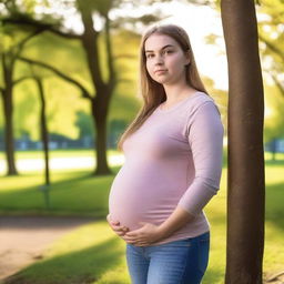 A teenage girl who is visibly pregnant, wearing casual clothes, standing in a park