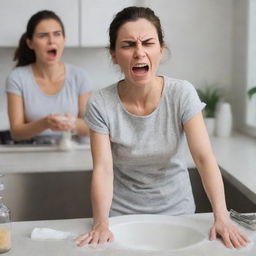 A scenario highlighting the maximum level of uncontrollable anger, the woman washing dishes, her facial expressions intense and animated, her body language hostile and aggressive