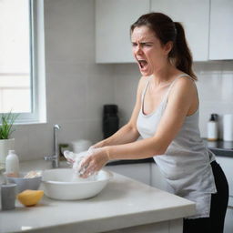 A scenario highlighting the maximum level of uncontrollable anger, the woman washing dishes, her facial expressions intense and animated, her body language hostile and aggressive