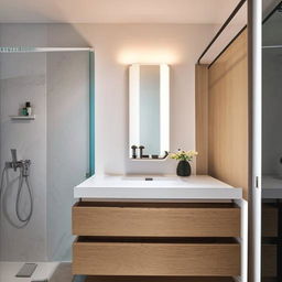 A neat and modern washroom with a stylish vanity sink, a sleek washbasin, and a built-in closet for ample storage