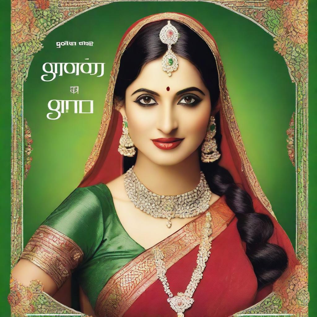 Create a vibrant and eye-catching poster featuring a beautiful Indian bride in a green and red sari, as seen in the provided reference image