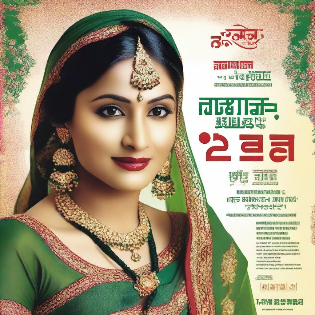 Create a vibrant and eye-catching poster featuring a beautiful Indian bride in a green and red sari, as seen in the provided reference image