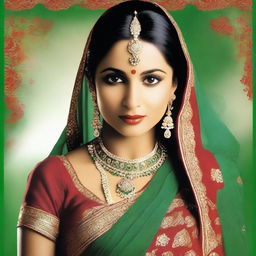 Create a vibrant and eye-catching poster featuring a beautiful Indian bride in a green and red sari, as seen in the provided reference image