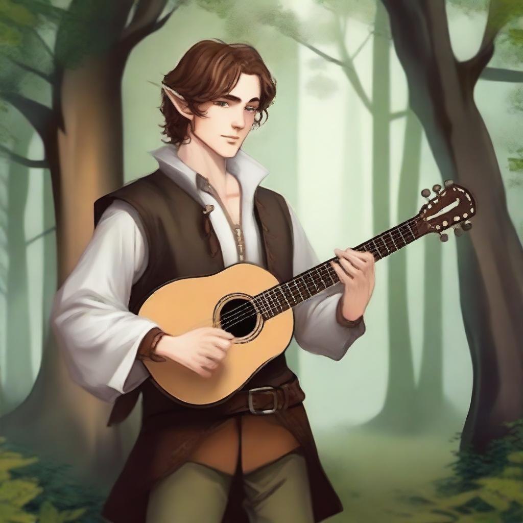 A lawful good half-elf bard with brown hair