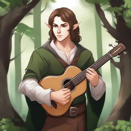 A lawful good half-elf bard with brown hair