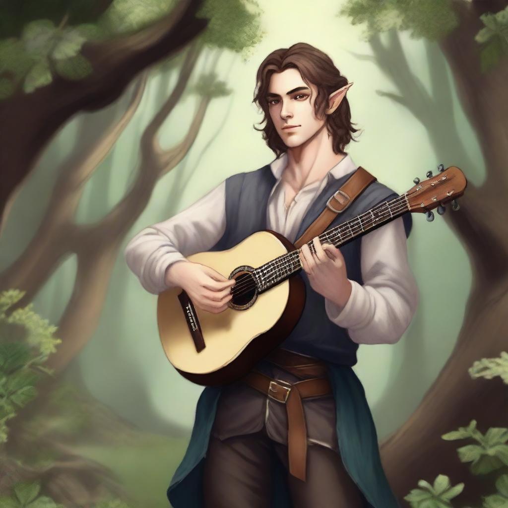 A lawful good half-elf bard with brown hair